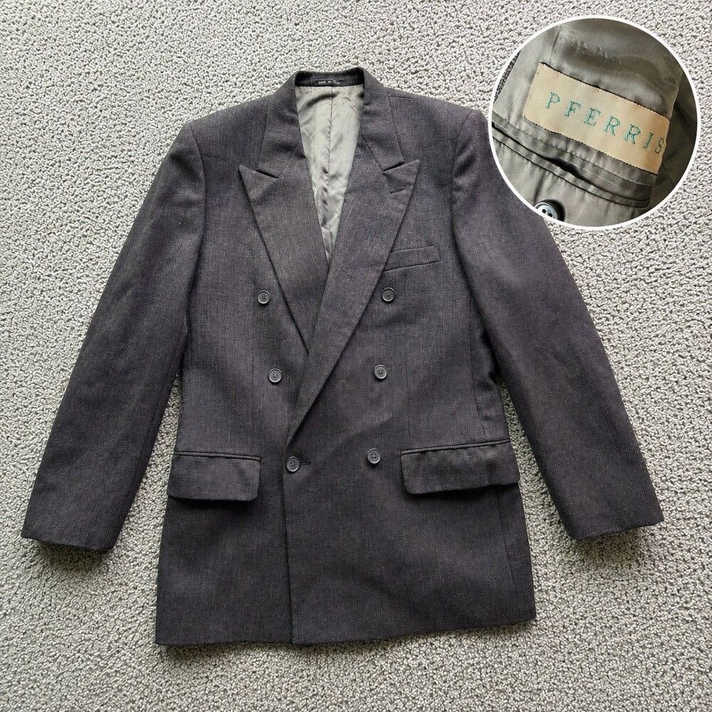 Vintage Mens 37 Wool Blazer Double Breasted Made USA Gray Peak Lapel Suit Jacket